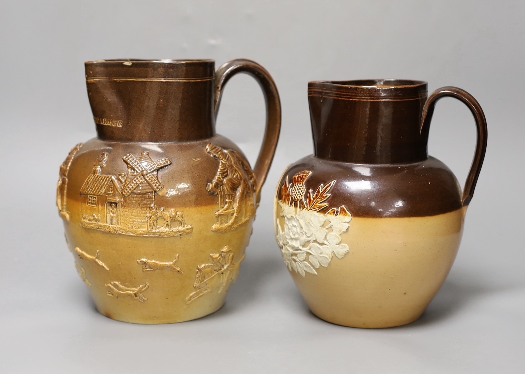 A Doulton Lambeth for John Mortlock & Co. commemorative stoneware jug and another stoneware jug impressed ‘Septimus Shearmur 1878’, tallest 22cm
